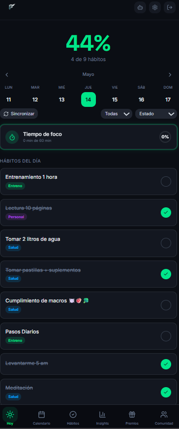 Captura real de Firme: vista Hoy con hábitos, tiempo de foco y progreso diario